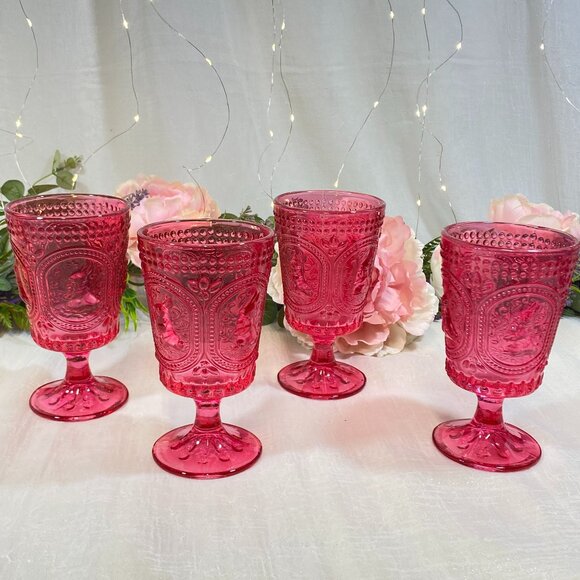 Easter Bunny Hobnail Victorian Footed Water/Wine Goblets Glasses Pink Set 4 - Picture 2 of 6